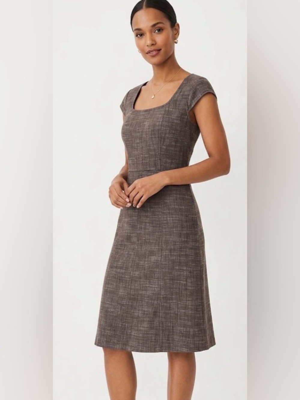 Ann Taylor Brown Plaid Cap-Sleeve Midi Dress